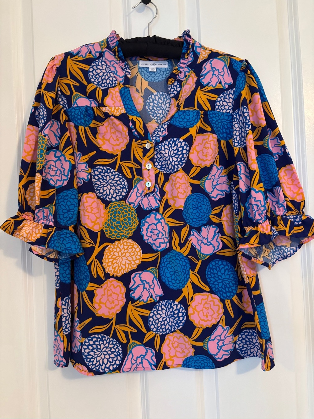 Michelle McDowell Navy Floral Ruffle-Sleeve V-Neck Blouse, Pink & Teal Accent M